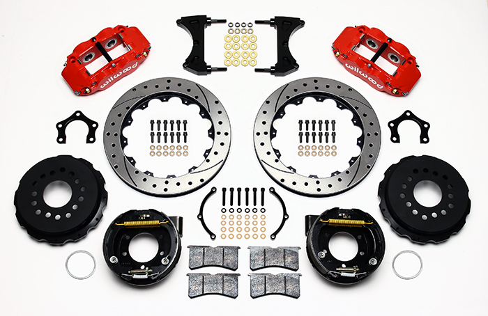 Wilwood Forged Narrow Superlite 4R Big Brake Rear Parking Brake Kit Parts Laid Out - Red Powder Coat Caliper - SRP Drilled & Slotted Rotor