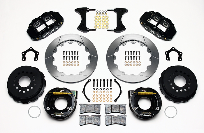 Wilwood Forged Narrow Superlite 4R Big Brake Rear Parking Brake Kit Parts Laid Out - Black Powder Coat Caliper - GT Slotted Rotor