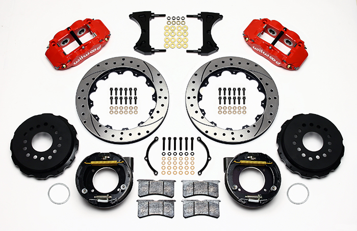 Wilwood Forged Narrow Superlite 4R Big Brake Rear Parking Brake Kit Parts Laid Out - Red Powder Coat Caliper - SRP Drilled & Slotted Rotor