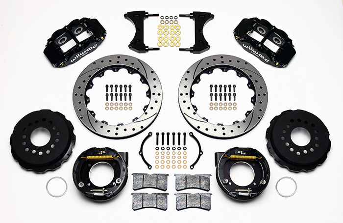 Wilwood Forged Narrow Superlite 4R Big Brake Rear Parking Brake Kit Parts Laid Out - Black Powder Coat Caliper - SRP Drilled & Slotted Rotor