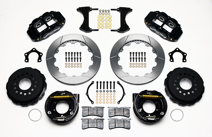 Wilwood Forged Narrow Superlite 4R Big Brake Rear Parking Brake Kit Parts Laid Out - Black Powder Coat Caliper - GT Slotted Rotor