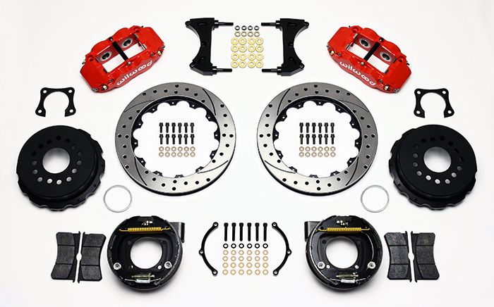 Wilwood Forged Narrow Superlite 4R Big Brake Rear Parking Brake Kit Parts Laid Out - Red Powder Coat Caliper - SRP Drilled & Slotted Rotor