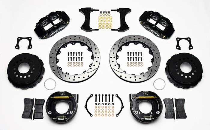 Wilwood Forged Narrow Superlite 4R Big Brake Rear Parking Brake Kit Parts Laid Out - Black Powder Coat Caliper - SRP Drilled & Slotted Rotor