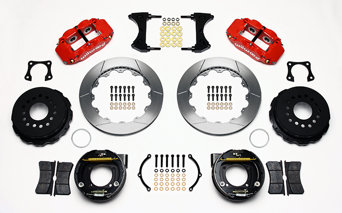 Wilwood Forged Narrow Superlite 4R Big Brake Rear Parking Brake Kit Parts Laid Out - Red Powder Coat Caliper - GT Slotted Rotor