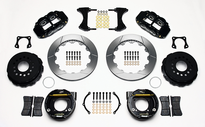 Wilwood Forged Narrow Superlite 4R Big Brake Rear Parking Brake Kit Parts Laid Out - Black Powder Coat Caliper - GT Slotted Rotor