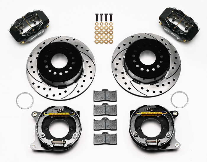 Wilwood Forged Dynalite Rear Parking Brake Kit Parts Laid Out - Black Powder Coat Caliper - SRP Drilled & Slotted Rotor