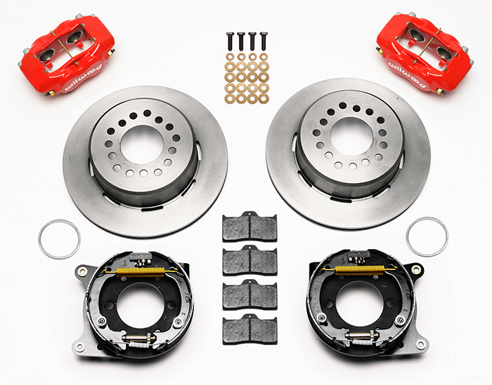 Wilwood Forged Dynalite Rear Parking Brake Kit Parts Laid Out - Red Powder Coat Caliper - Plain Face Rotor