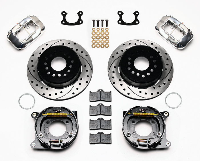 Wilwood Forged Dynalite Rear Parking Brake Kit Parts Laid Out - Polish Caliper - SRP Drilled & Slotted Rotor