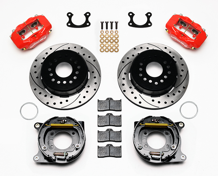 Wilwood Forged Dynalite Rear Parking Brake Kit Parts Laid Out - Red Powder Coat Caliper - SRP Drilled & Slotted Rotor