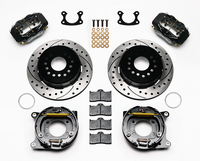 Wilwood Forged Dynalite Rear Parking Brake Kit Parts Laid Out - Black Powder Coat Caliper - SRP Drilled & Slotted Rotor