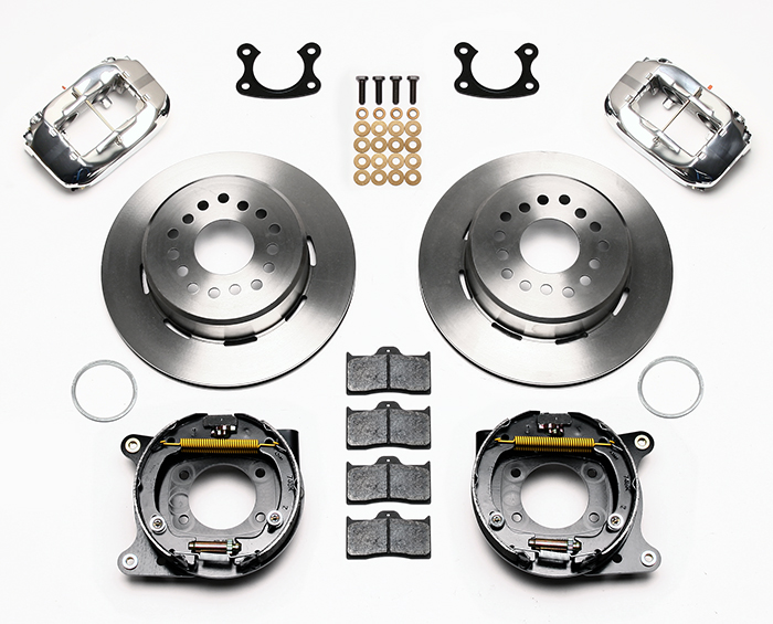 Wilwood Forged Dynalite Rear Parking Brake Kit Parts Laid Out - Polish Caliper - Plain Face Rotor