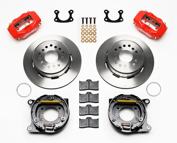 Wilwood Forged Dynalite Rear Parking Brake Kit Parts Laid Out - Red Powder Coat Caliper - Plain Face Rotor