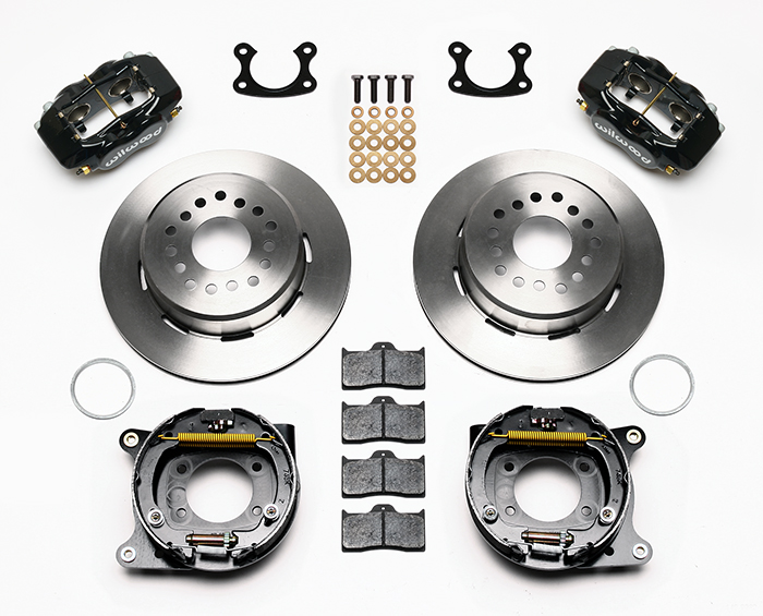 Wilwood Forged Dynalite Rear Parking Brake Kit Parts Laid Out - Black Powder Coat Caliper - Plain Face Rotor