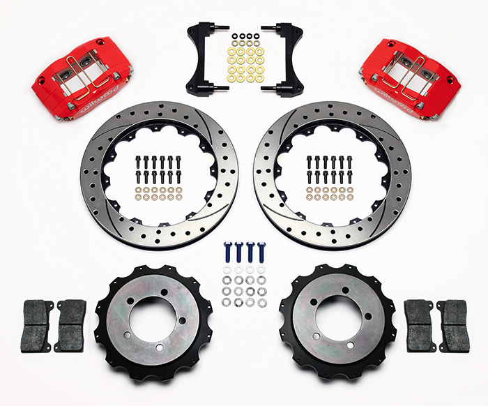 Wilwood Dynapro Radial Rear Brake Kit For OE Parking Brake Parts Laid Out - Red Powder Coat Caliper - SRP Drilled & Slotted Rotor