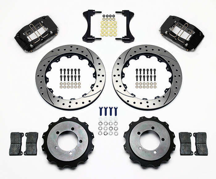 Wilwood Dynapro Radial Rear Brake Kit For OE Parking Brake Parts Laid Out - Black Powder Coat Caliper - SRP Drilled & Slotted Rotor