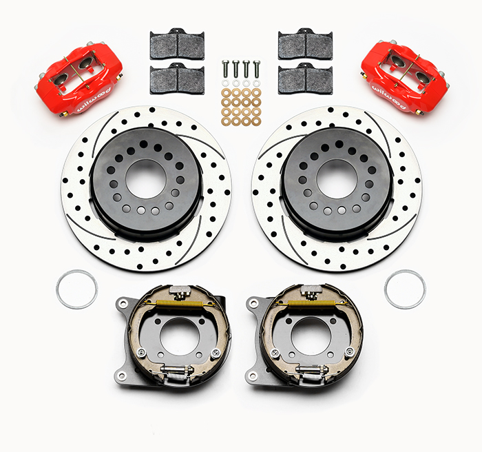 Wilwood Forged Dynalite Rear Parking Brake Kit Parts Laid Out - Red Powder Coat Caliper - SRP Drilled & Slotted Rotor