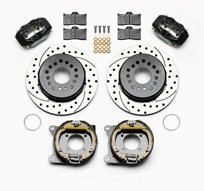 Wilwood Forged Dynalite Rear Parking Brake Kit Parts Laid Out - Black Powder Coat Caliper - SRP Drilled & Slotted Rotor