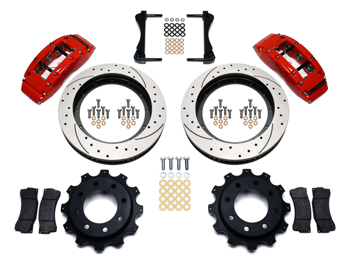 Wilwood TC6R Big Brake Truck Rear Brake Kit Parts Laid Out - Red Powder Coat Caliper - SRP Drilled & Slotted Rotor