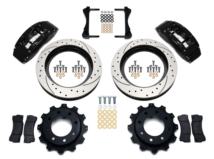 Wilwood TC6R Big Brake Truck Rear Brake Kit Parts Laid Out - Black Powder Coat Caliper - SRP Drilled & Slotted Rotor