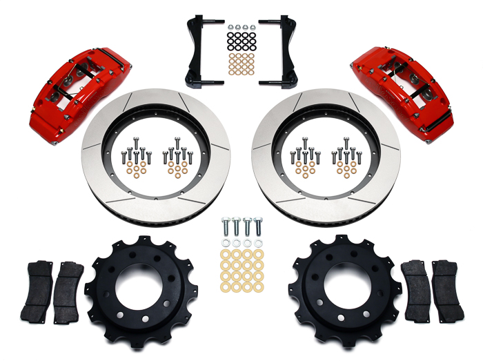 Wilwood TC6R Big Brake Truck Rear Brake Kit Parts Laid Out - Red Powder Coat Caliper - GT Slotted Rotor