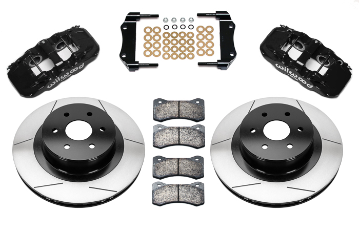 Wilwood AERO4 Big Brake Truck Rear Brake Kit Parts Laid Out - Black Powder Coat Caliper - GT Slotted Rotor