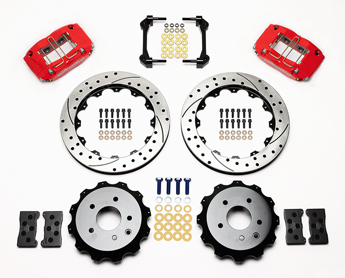 Wilwood Dynapro Radial Rear Brake Kit For OE Parking Brake Parts Laid Out - Red Powder Coat Caliper - SRP Drilled & Slotted Rotor