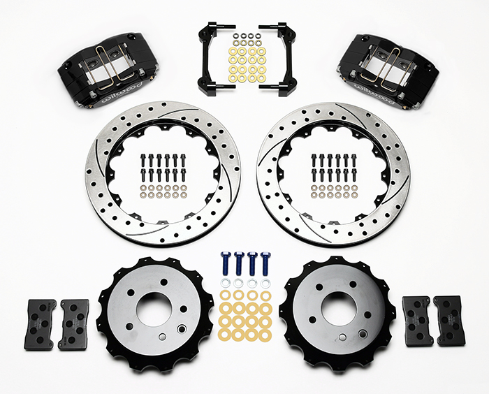 Wilwood Dynapro Radial Rear Brake Kit For OE Parking Brake Parts Laid Out - Black Powder Coat Caliper - SRP Drilled & Slotted Rotor