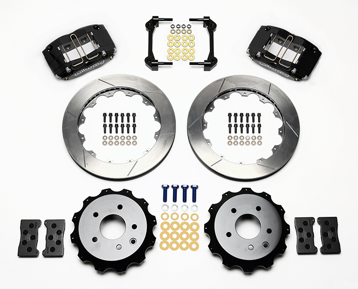 Wilwood Dynapro Radial Rear Brake Kit For OE Parking Brake Parts Laid Out - Black Powder Coat Caliper - GT Slotted Rotor