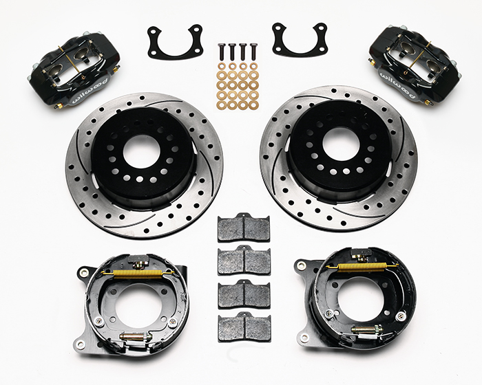 Wilwood Forged Dynalite Rear Parking Brake Kit Parts Laid Out - Black Powder Coat Caliper - SRP Drilled & Slotted Rotor