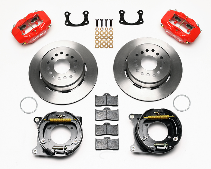 Wilwood Forged Dynalite Rear Parking Brake Kit Parts Laid Out - Red Powder Coat Caliper - Plain Face Rotor