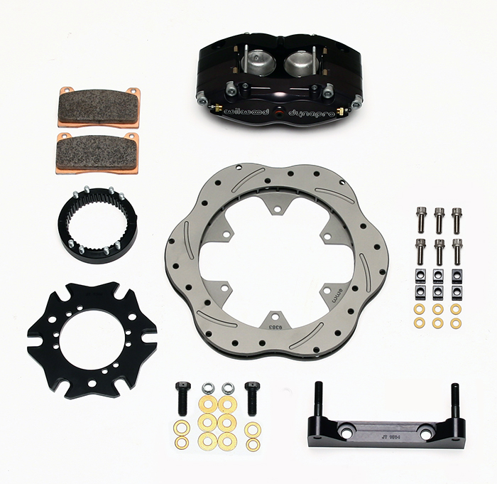 Wilwood Dynapro Radial Sprint Inboard Brake Kit Parts Laid Out - Black Anodize Caliper - Drilled Rotor