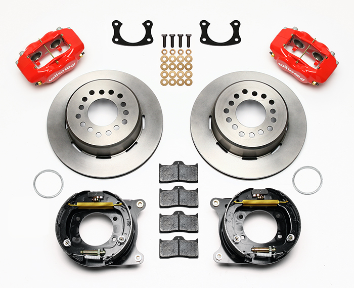 Wilwood Forged Dynalite Rear Parking Brake Kit Parts Laid Out - Red Powder Coat Caliper - Plain Face Rotor