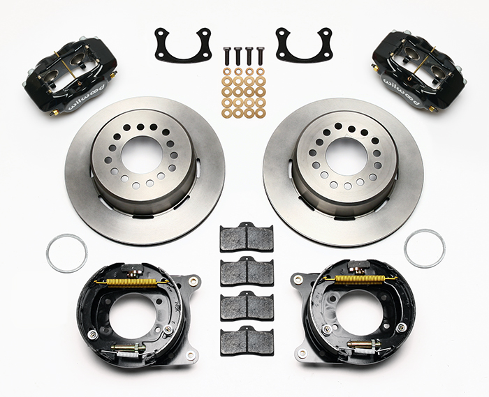 Wilwood Forged Dynalite Rear Parking Brake Kit Parts Laid Out - Black Powder Coat Caliper - Plain Face Rotor