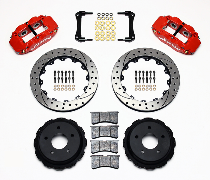 Wilwood Forged Narrow Superlite 4R Big Brake Rear Brake Kit For OE Parking Brake Parts Laid Out - Red Powder Coat Caliper - SRP Drilled & Slotted Rotor