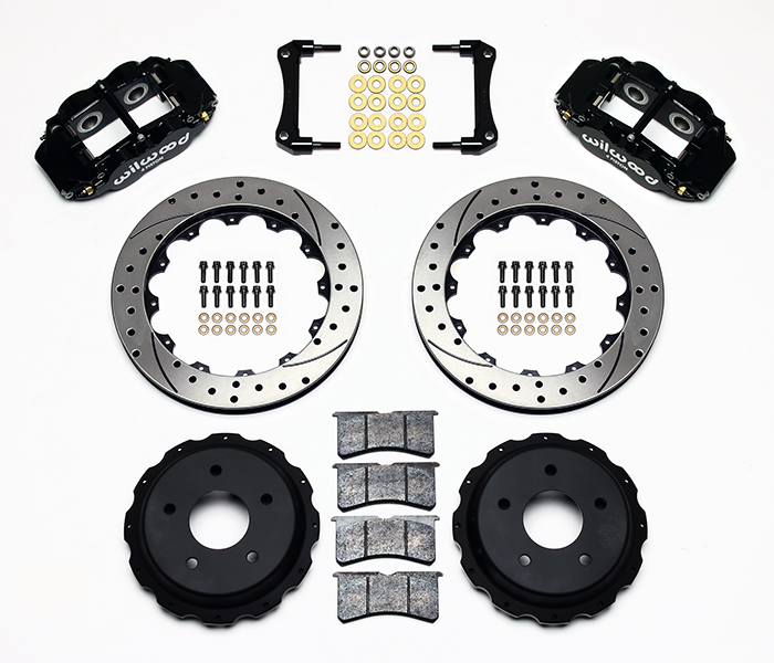 Wilwood Forged Narrow Superlite 4R Big Brake Rear Brake Kit For OE Parking Brake Parts Laid Out - Black Powder Coat Caliper - SRP Drilled & Slotted Rotor