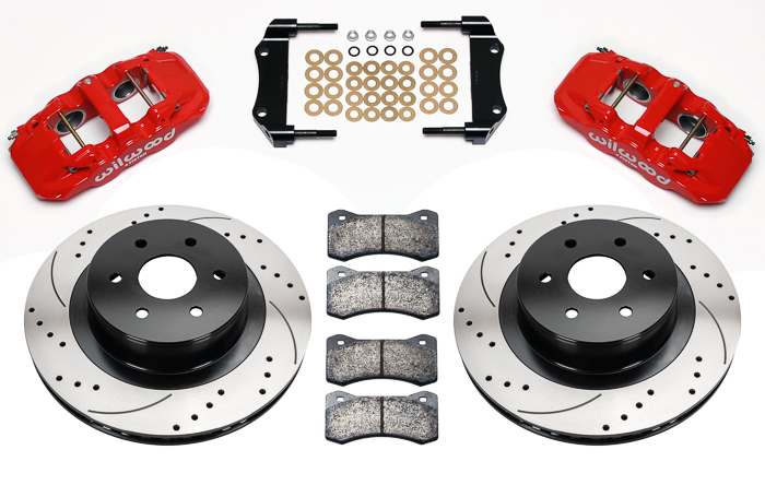 Wilwood AERO4 Big Brake Truck Rear Brake Kit Parts Laid Out - Red Powder Coat Caliper - SRP Drilled & Slotted Rotor