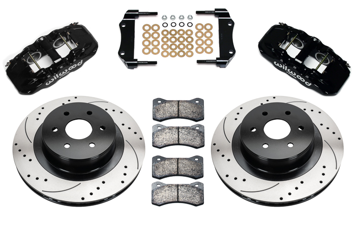 Wilwood AERO4 Big Brake Truck Rear Brake Kit Parts Laid Out - Black Powder Coat Caliper - SRP Drilled & Slotted Rotor