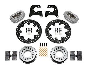 Wilwood Forged Dynalite Rear Drag Brake Kit Parts Laid Out - Type III Anodize Caliper - Drilled Rotor