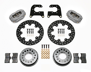 Wilwood Forged Dynalite Rear Drag Brake Kit Parts Laid Out - Type III Anodize Caliper - Drilled Rotor