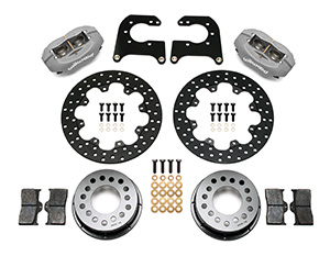 Wilwood Forged Dynalite Rear Drag Brake Kit Parts Laid Out - Type III Anodize Caliper - Drilled Rotor