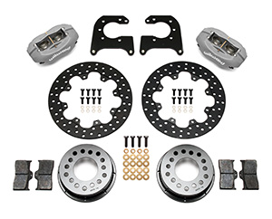 Wilwood Forged Dynalite Rear Drag Brake Kit Parts Laid Out - Type III Anodize Caliper - Drilled Rotor