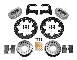 Wilwood Forged Dynalite Rear Drag Brake Kit Parts Laid Out - Type III Anodize Caliper - Drilled Rotor