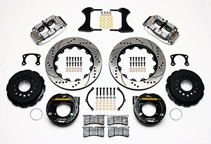 Wilwood Forged Narrow Superlite 4R Big Brake Rear Parking Brake Kit Parts Laid Out - Polish Caliper - SRP Drilled & Slotted Rotor