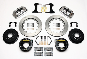 Wilwood Forged Narrow Superlite 4R Big Brake Rear Parking Brake Kit Parts Laid Out - Polish Caliper - GT Slotted Rotor