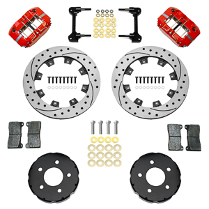 Wilwood Dynapro Radial Front Pro-Street Brake Kit Parts Laid Out - Red Powder Coat Caliper - SRP Drilled & Slotted Rotor