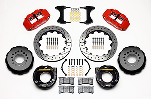 Wilwood Forged Narrow Superlite 4R Big Brake Rear Parking Brake Kit Parts Laid Out - Red Powder Coat Caliper - SRP Drilled & Slotted Rotor