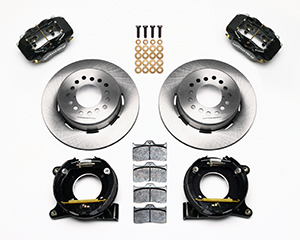 Wilwood Forged Dynalite Rear Parking Brake Kit Parts Laid Out - Black Powder Coat Caliper - Plain Face Rotor