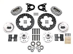 Wilwood Forged Dynalite Front Drag Brake Kit Parts Laid Out - Type III Anodize Caliper - Drilled Rotor