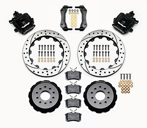 Wilwood Combination Parking Brake Caliper Rear Brake Kit Parts Laid Out - Black Powder Coat Caliper - SRP Drilled & Slotted Rotor