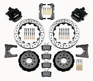 Wilwood Combination Parking Brake Caliper Rear Brake Kit Parts Laid Out - Black Powder Coat Caliper - SRP Drilled & Slotted Rotor